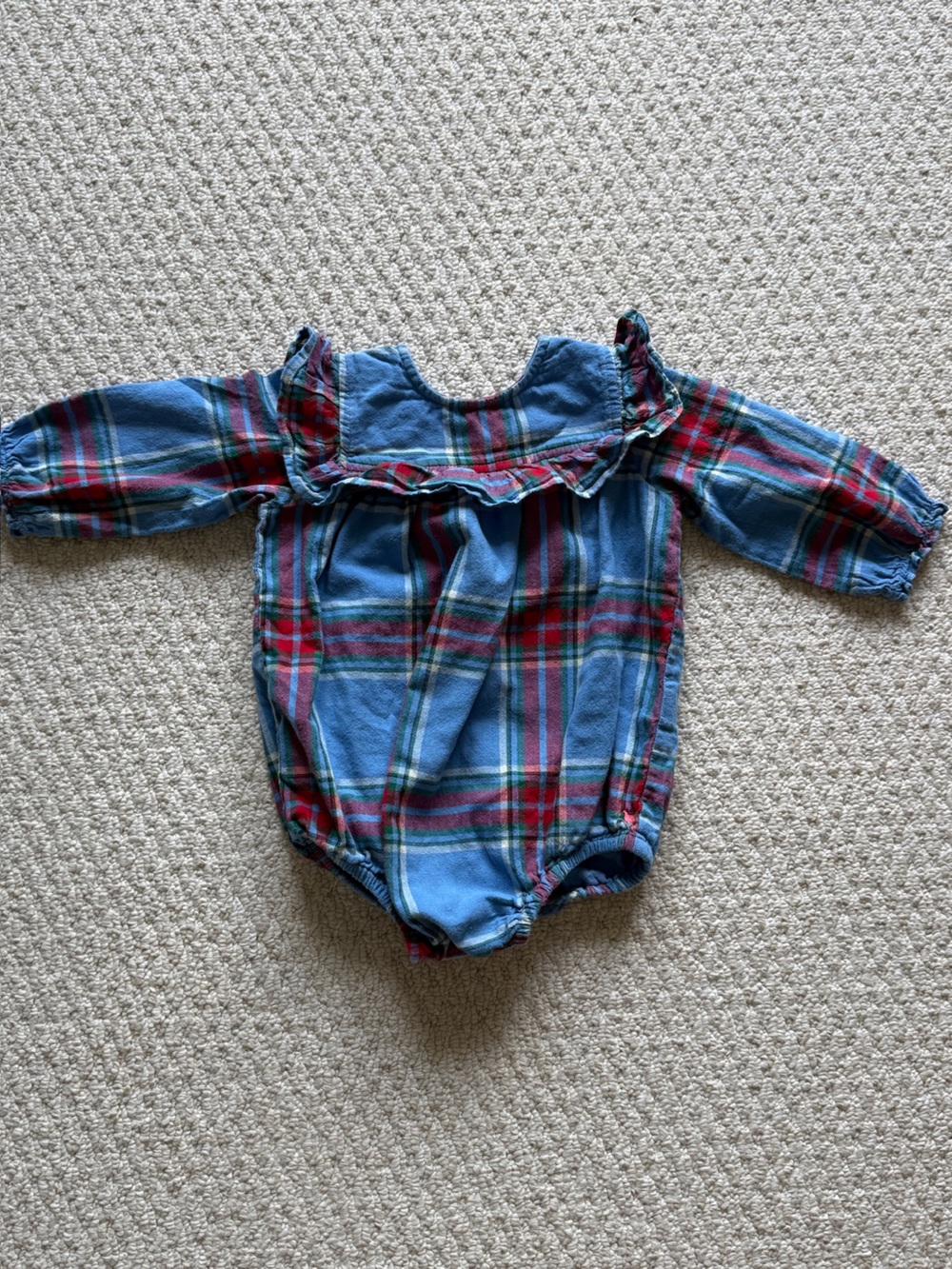 Pink Chicken Baby Plaid Ruffle Bubble Romper in Blue and Red